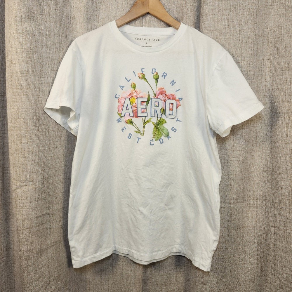 AEROPOSTALE Womens Graphic T Shirt White Floral Print Short Sleeve Size L